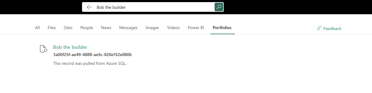 Search result from Microsoft search showing a record from Azure SQL with the title Bob the builder, a GUID.