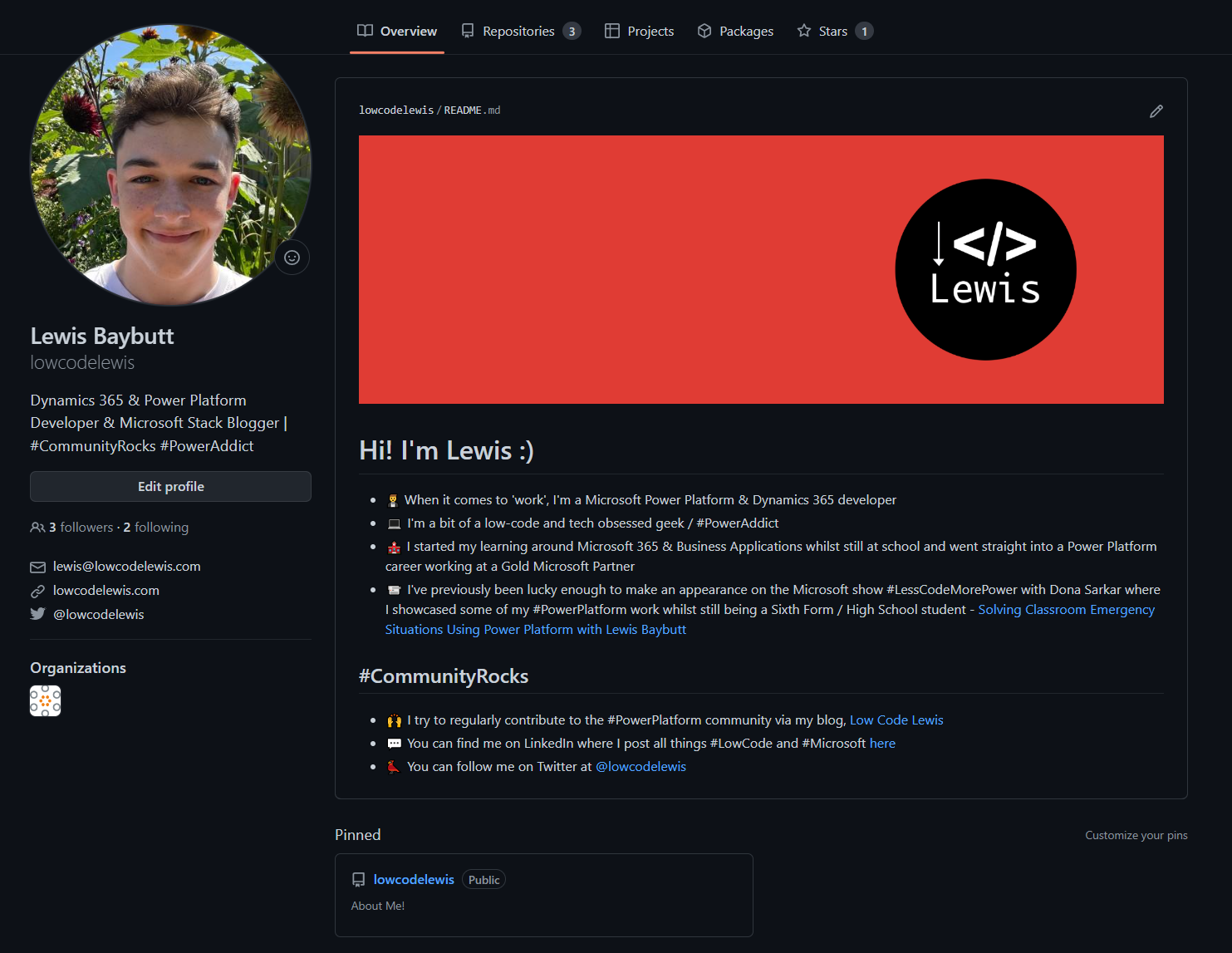 Screenshot of Lewis's GitHub repository