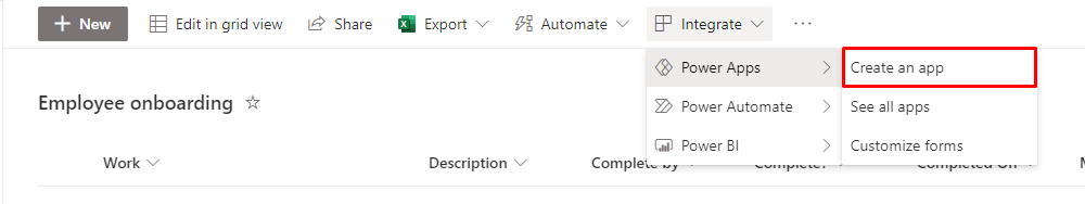 Screenshot of the SharePoint UI showing a view of a list generated with the Employee Onboarding template, with the integrate dropdown opened and 'Create an app' highlighted under 'Power Apps'.
