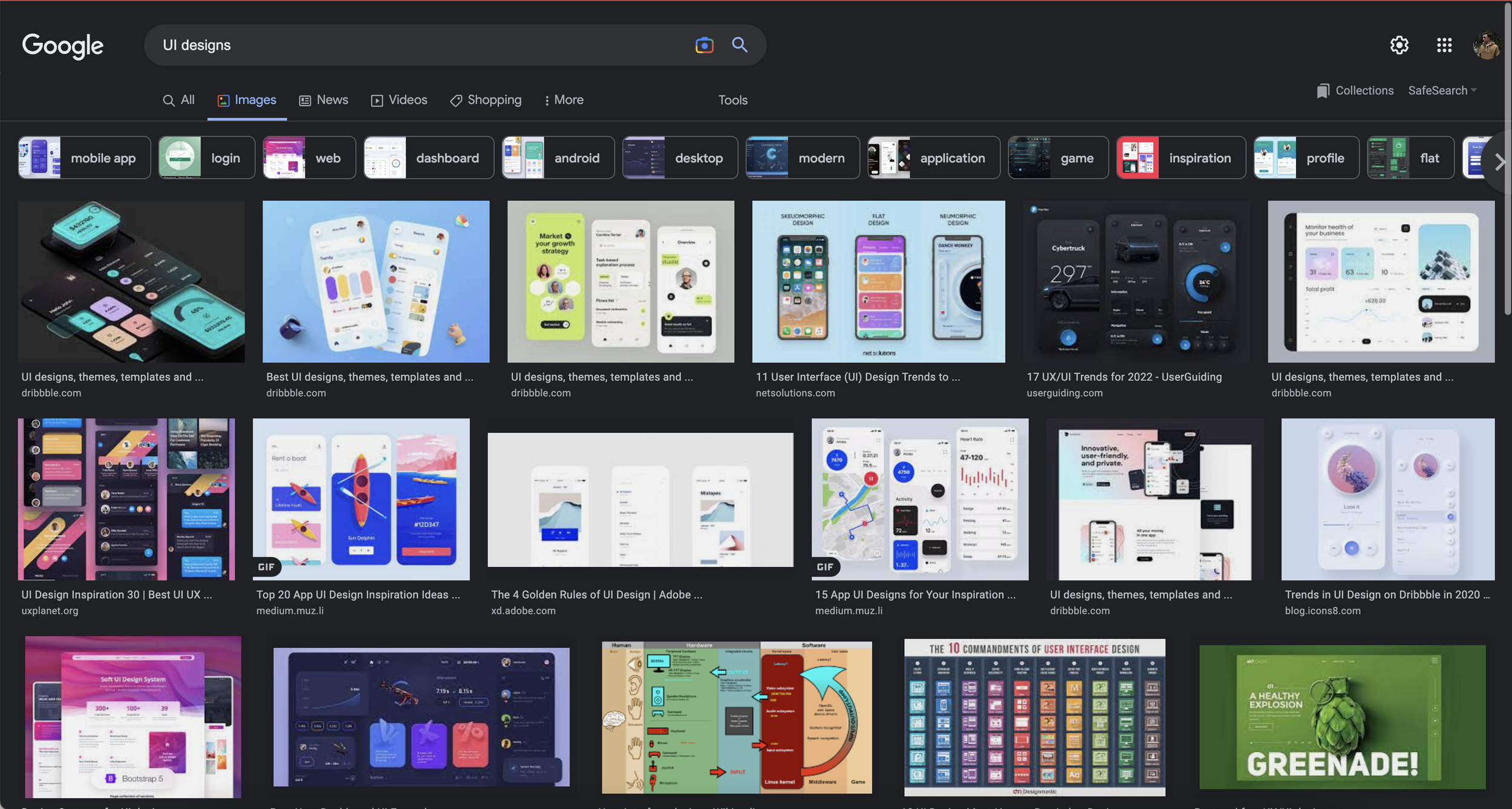 Google search of UI Designs