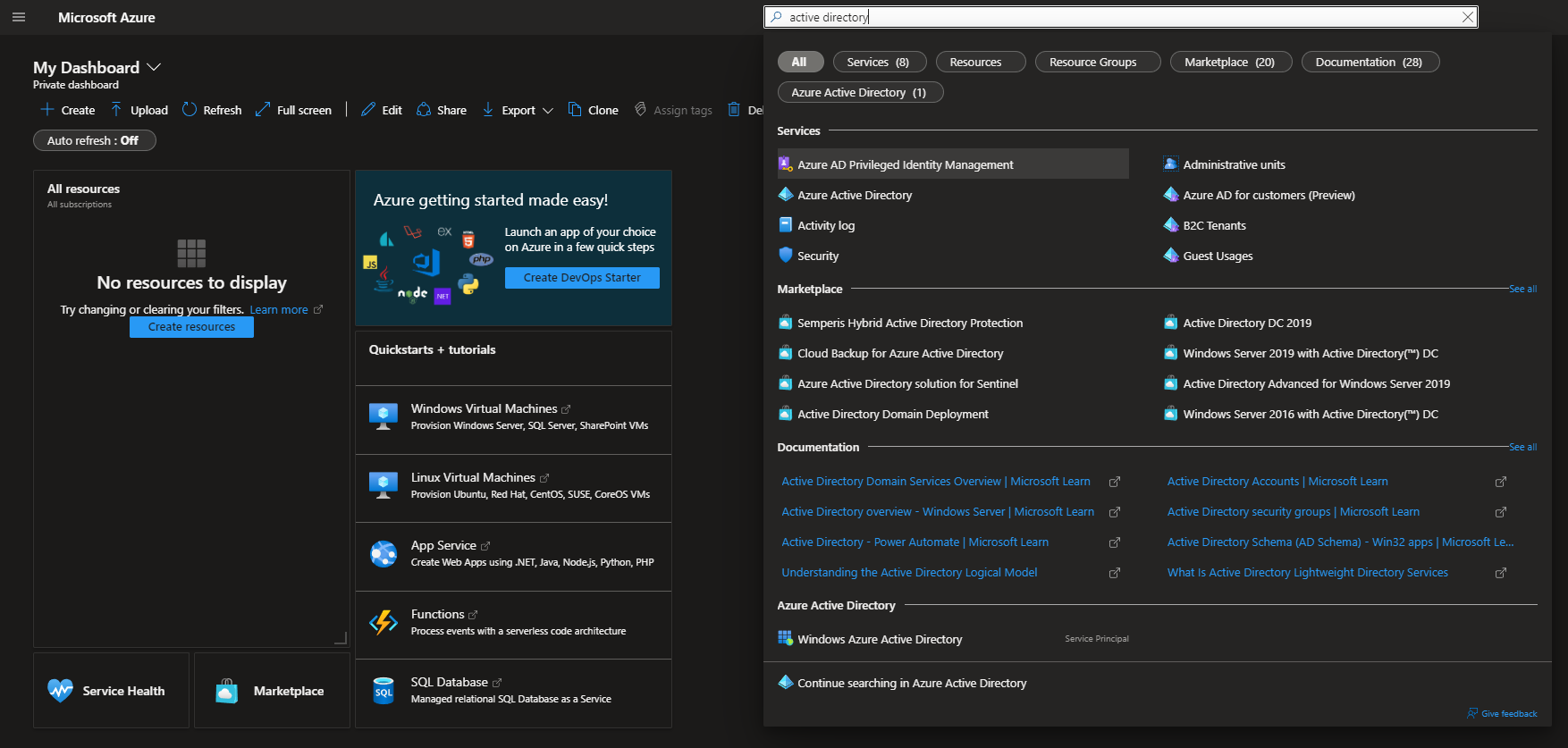 Screenshot of the Azure portal with a search on active directory.