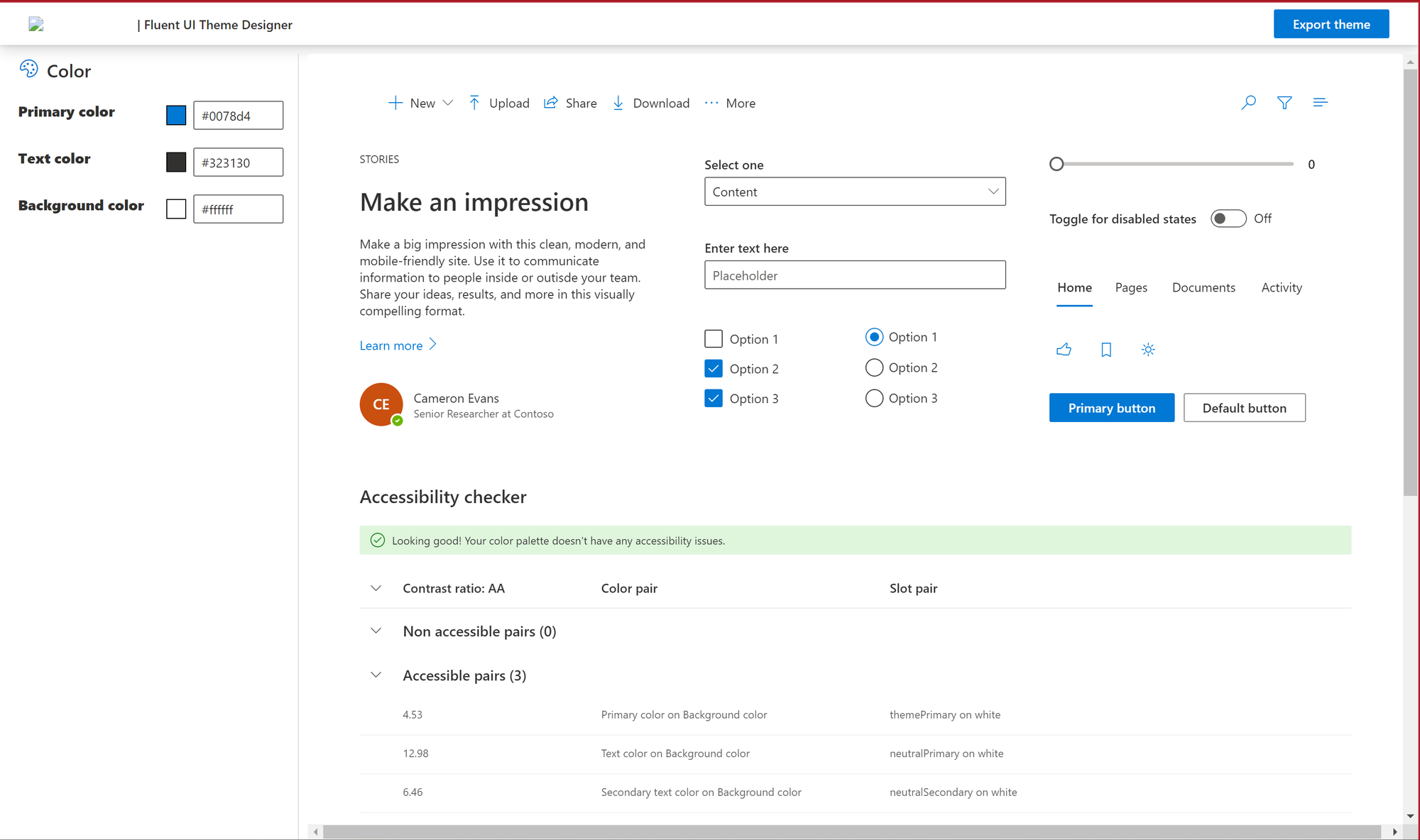 Graphical User Interface. Screenshot of the Fluent UI Theme Designer for SharePoint.