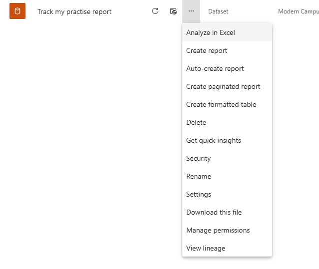 Screenshot of a dataset row in a power BI workspace.