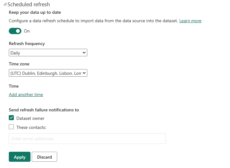 Screenshot of the scheduled refresh options in Power BI service on a dataset.