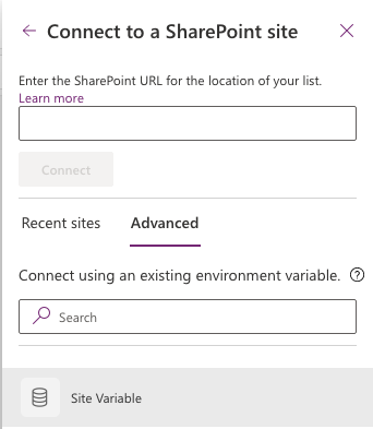Screenshot of connect to a sharepoint site in canvas apps