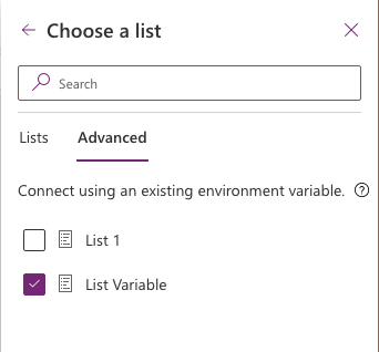 Screenshot of choose a list in canvas apps