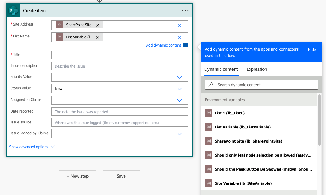 Screenshot of a create item step in a Power Automate flow using environment variables for the site address and list name.