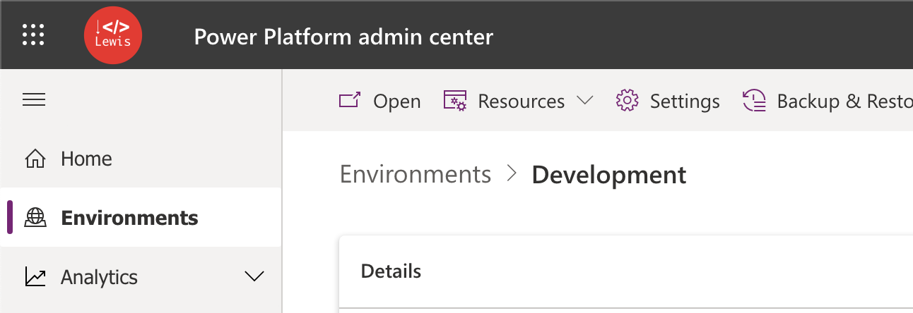 Screenshot of the power platform admin center highlighting the environment selected