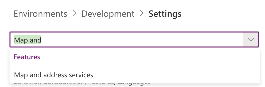 Screenshot of searching for the map feature in the power platform admin center on an environment