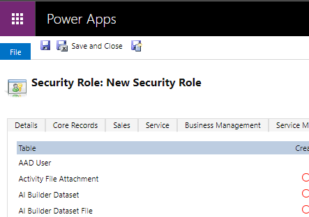 Screenshot of the classic UI to create a security role in Dataverse.