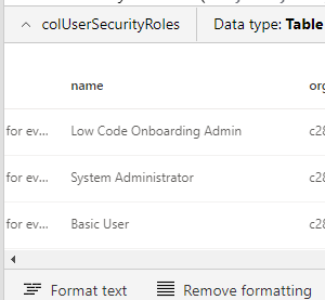 Screenshot of a collection preview in the edit mode of a canvas app showing the security roles assigned to the current person signed in.