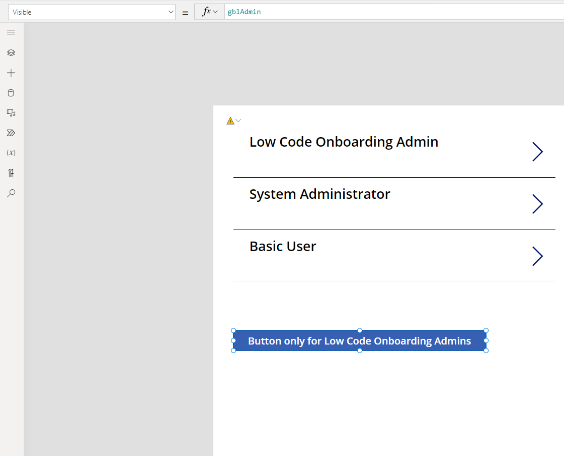 Screenshot of a canvas app in edit mode highlighting the visible property of a button set to gblAdmin.