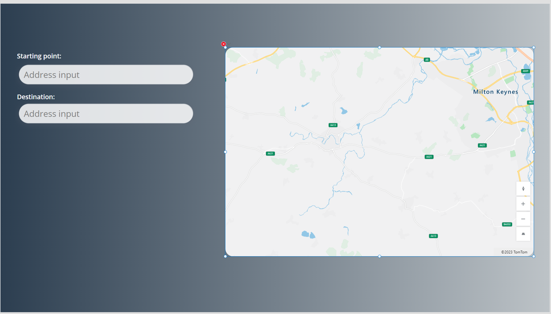 Screenshot of a screen with inputs for starting point and destination and a map control to display routes.