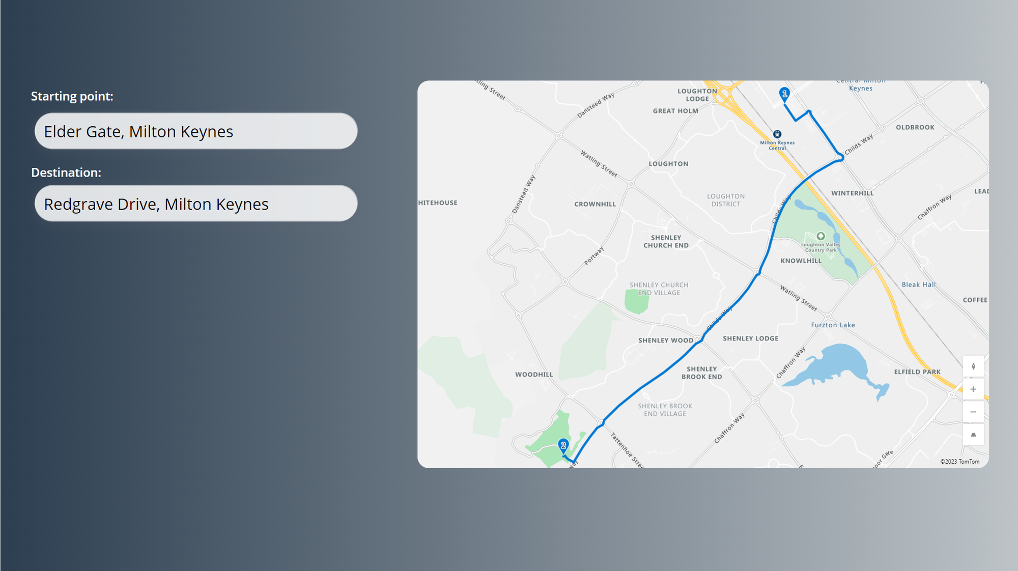 Screenshot of an app displaying a route.