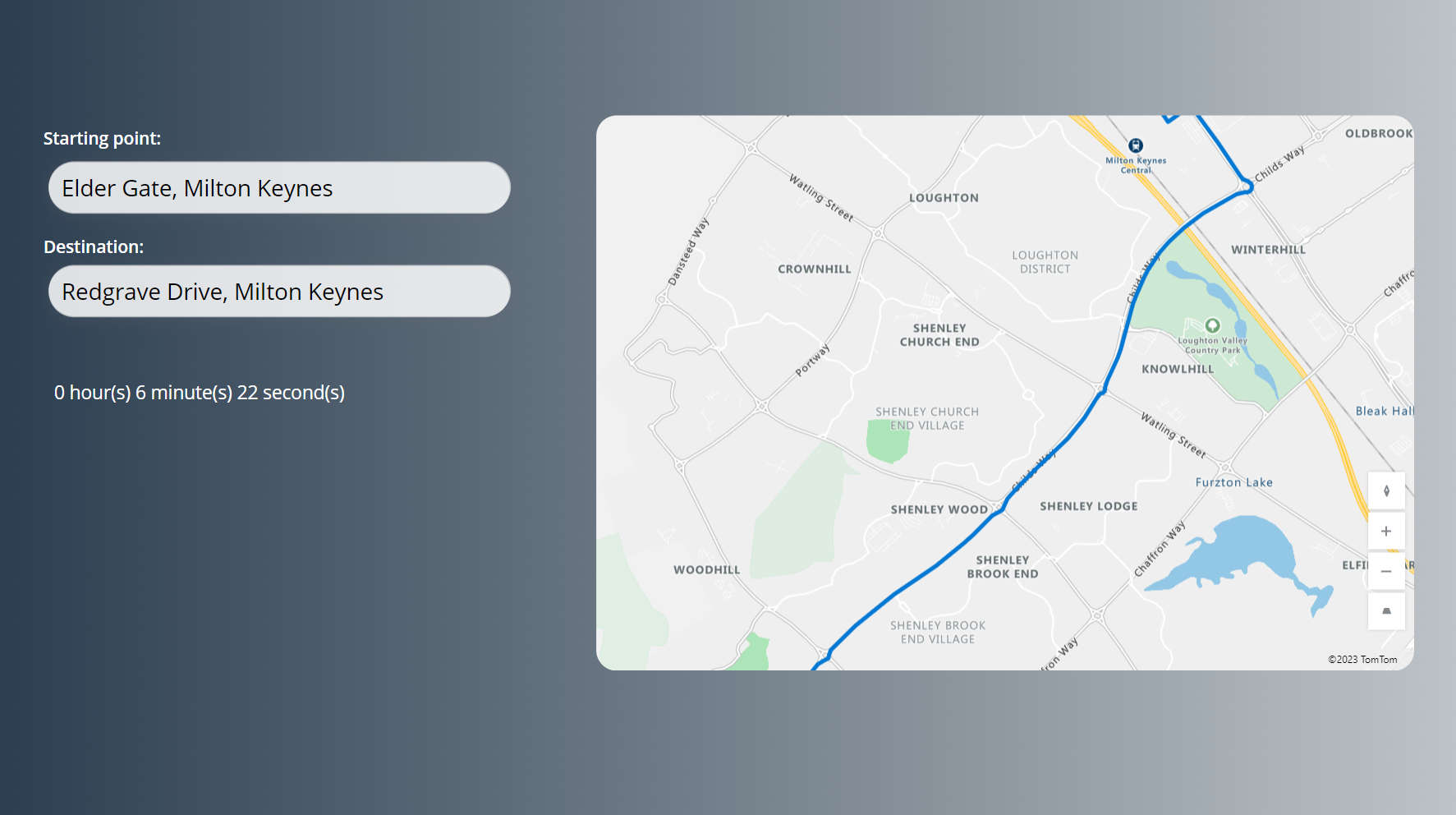 Screenshot of an app displaying a route including time taken.