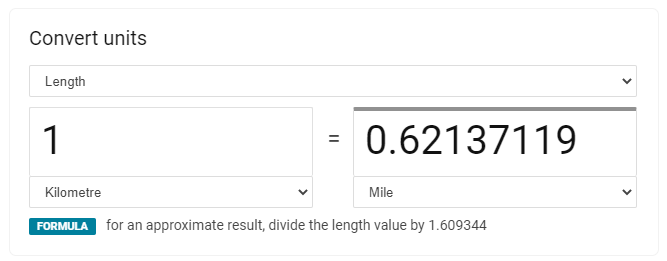 Screenshot of a bing formula for mile conversion.