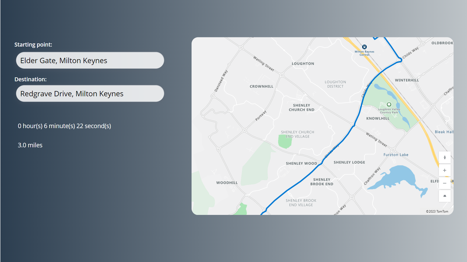 Screenshot of my app displaying a route with time taken and distance.